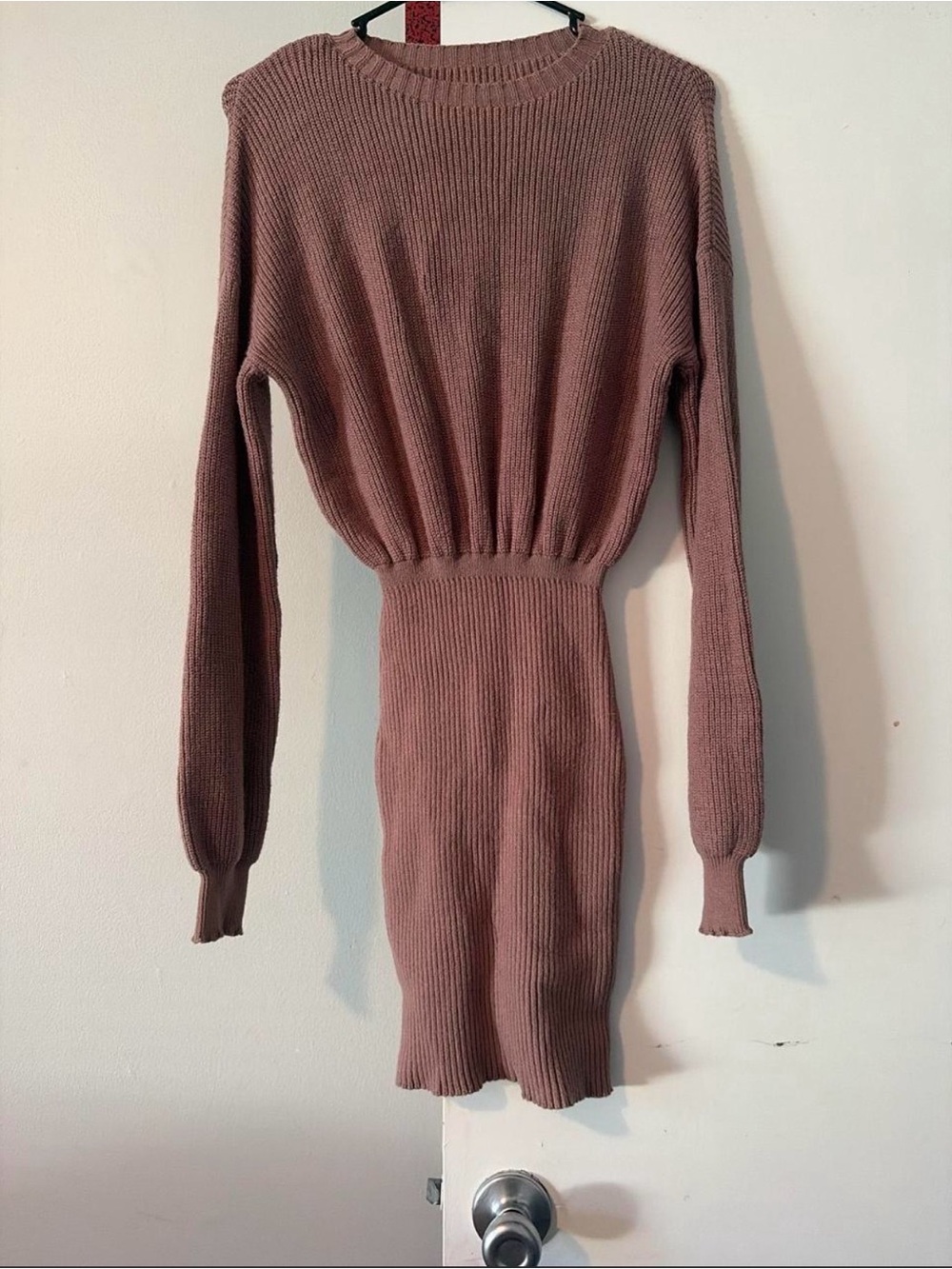 SHEIN Mauve Ribbed Knit Long-Sleeve Waist-Defined Dress